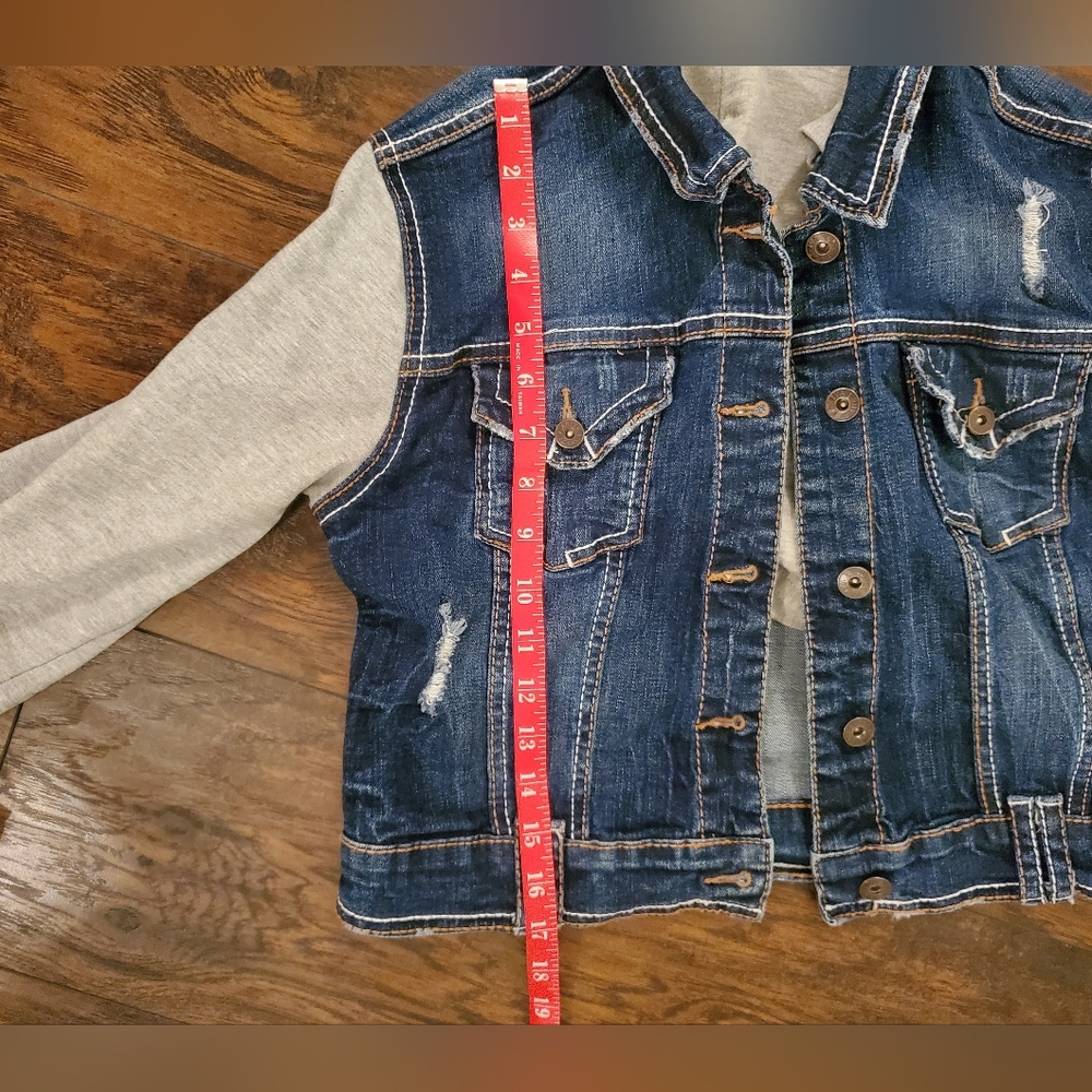 Ariya Jeans Distressed Jacket W/Sweat Shirt Material Arms & Hoodie GIRLS Size M - Picture 5 of 11
